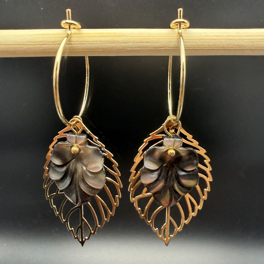 Golden hoop earrings with iridescent mother-of-pearl & filigree leaf design New